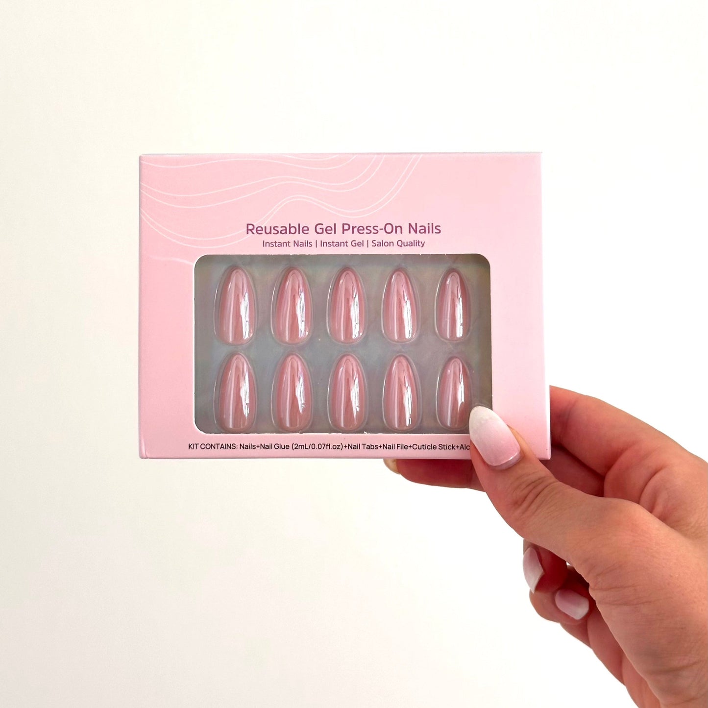 Verpakking van de gel soft press ons met daarin de cotton candy long almond press ons.