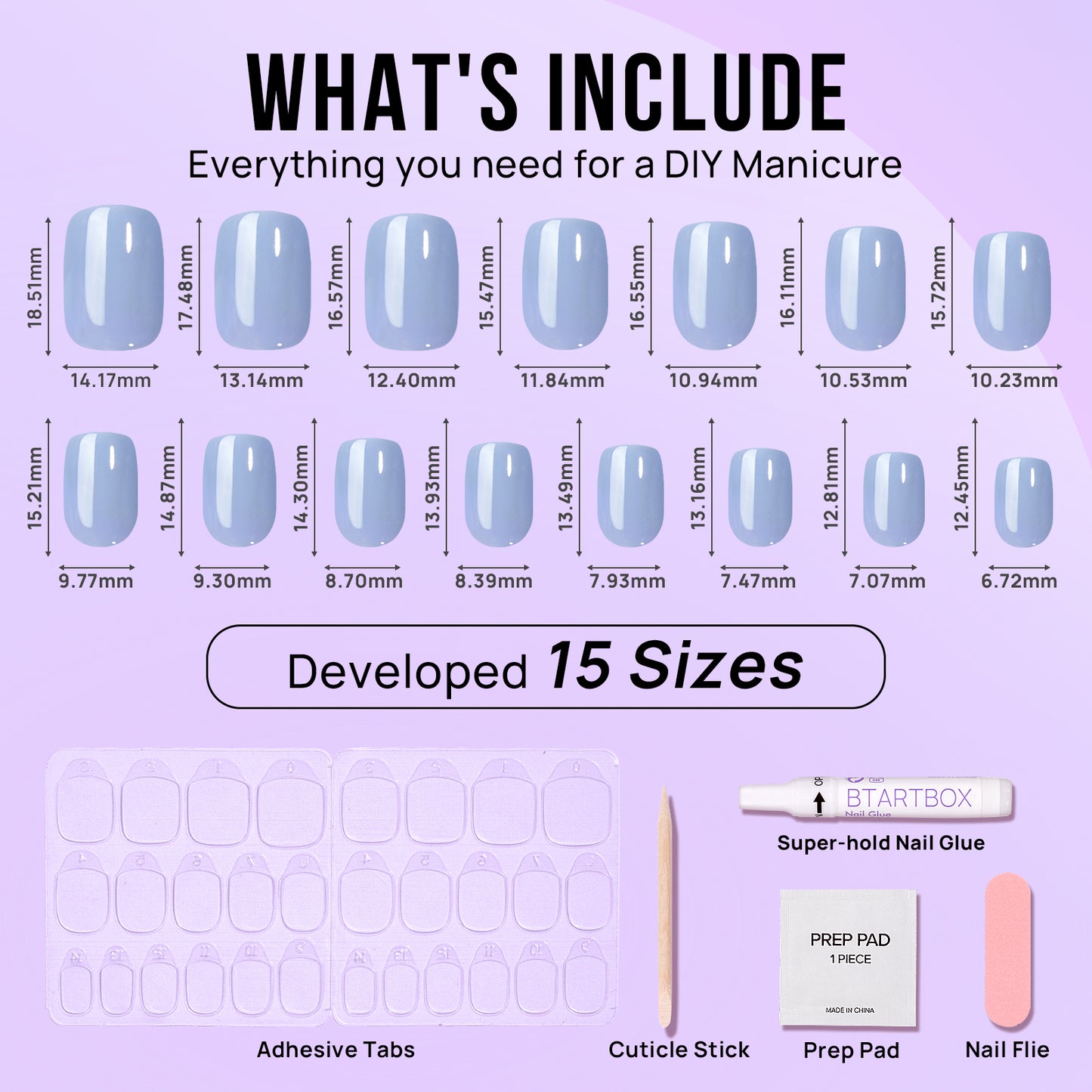 Bevat 15 maten (totaal 30 nagels), een kleine nagelvijl, alcohol prep pad, houten nagelriem bokkenpootje en sticky tabs (nagellijm stickers)