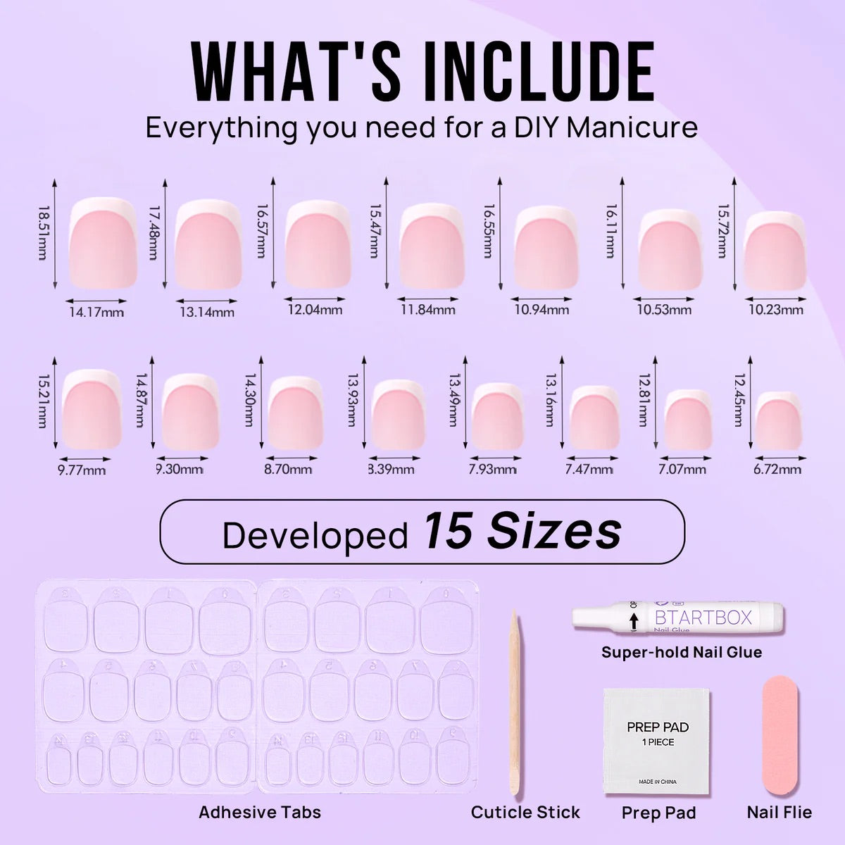 Overzicht van de inhoud, totaal 30 nagels (15 verschillende maten), kleine vijl, houten bokkenpootje, alcoholdoekje, nagellijm en sticky tabs (nagel lijmstickers)