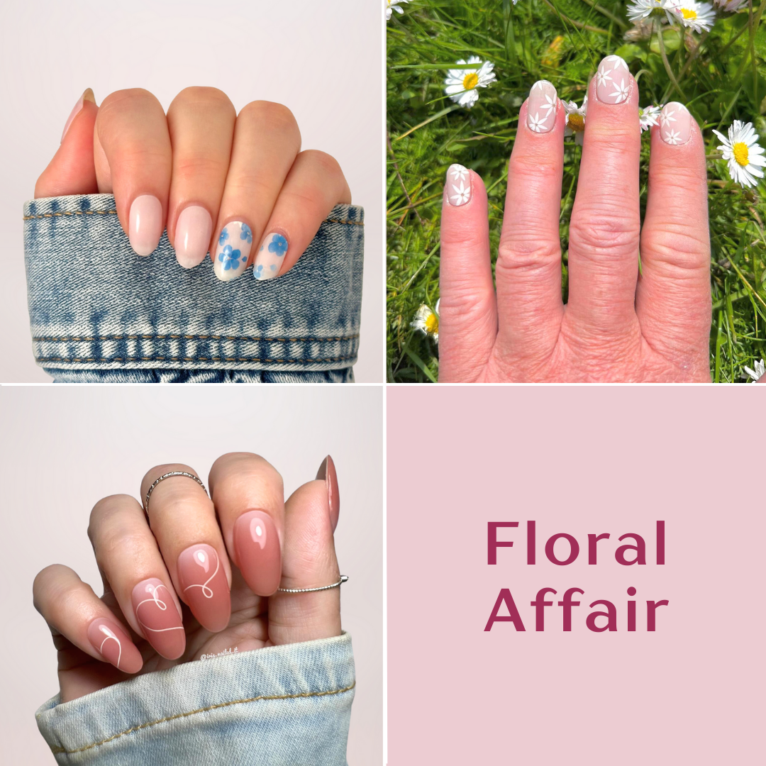 een set van 3 gellakstickers met subtiele nail arts. Delfts Bloom: een milky achtige basis met op sommige nagels blauwe bloemen. Pink Daisy: een licht roze nude basis met op alle nagels witte bloemen. Love Latte: een mooi warme roze nude/bruinige basis met een witte sierlijke swirl die in sommige nagels verloopt in een hart vorm