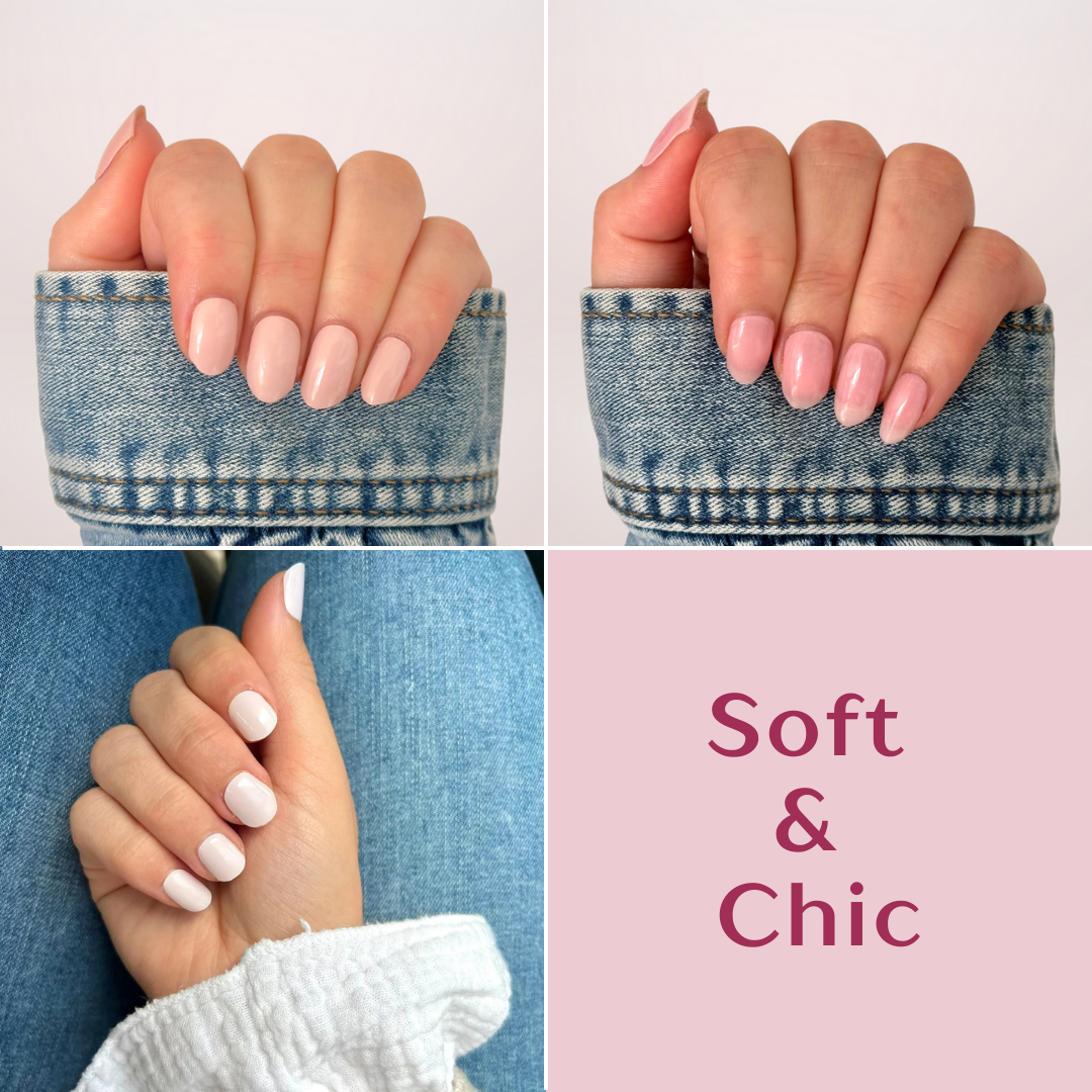 Een set met 3 gellakstickers met een mooie korting. Bestaat uit roze nude kleuren: soft pink, light pink en pale pink.