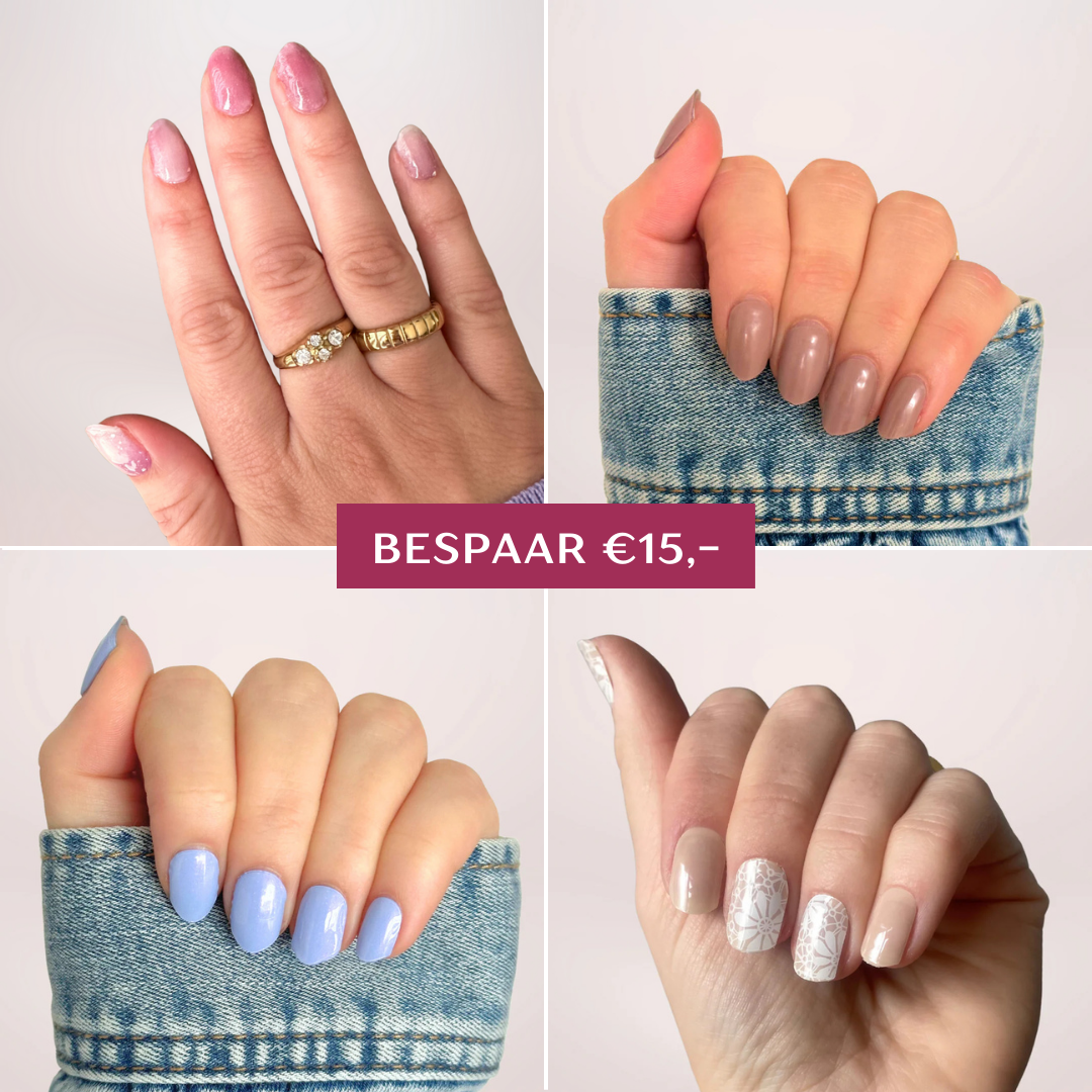 September maand bundel van 4 gellakstickers met hoge korting, bespaar €15. Een paars blauwige met een subtiele shimmer, een sem transparante met soft paarse nail art, een nude design met op sommige nagels een lace effect en een taupe bruinige gellaksticker. 