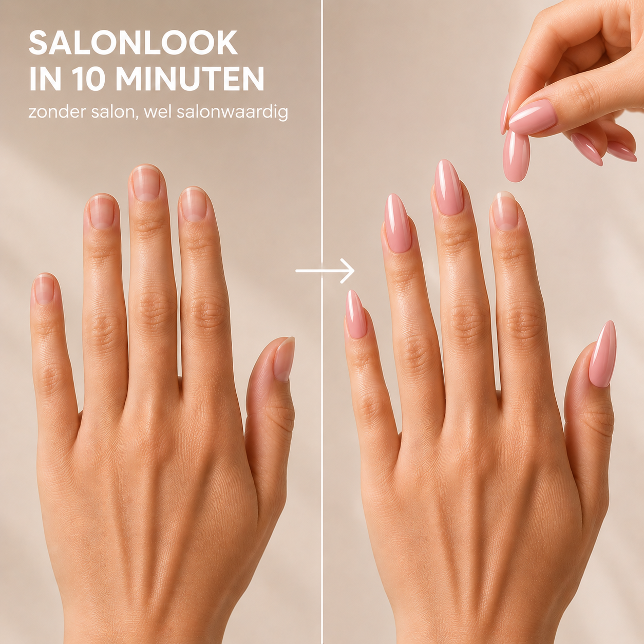 Before en after van neutrale nagels naar press-on nagels. 