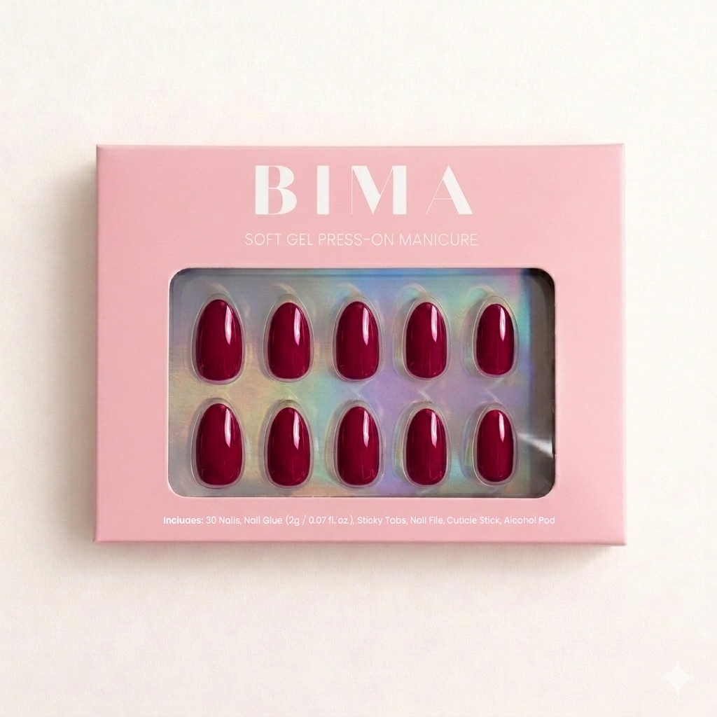 Plaknagels in de BIMA verpakking. Een effen berry (rood/roze) kleur design in ovale vorm 