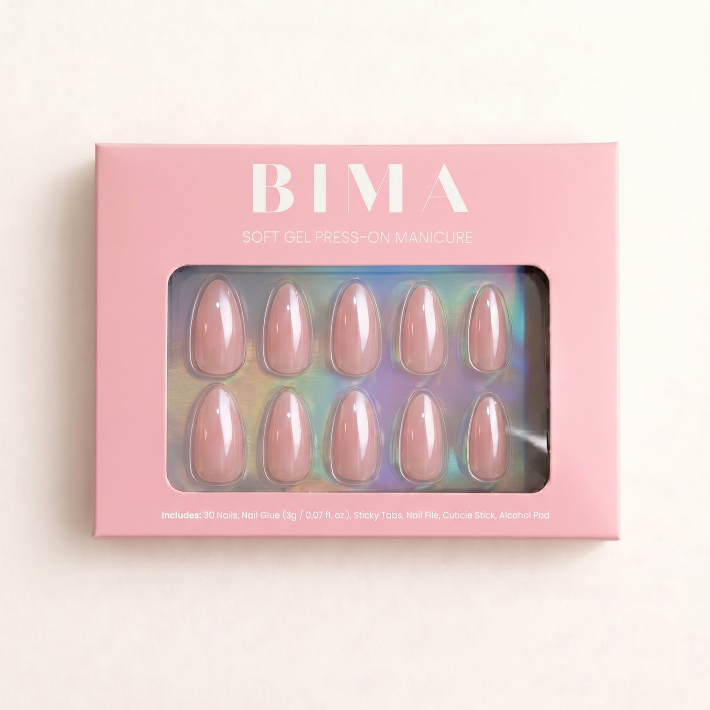 Lange almond plaknagels in lichtroze met glazed finish. De press-ons zie je in de verpakking, totaal 30 nagels.
