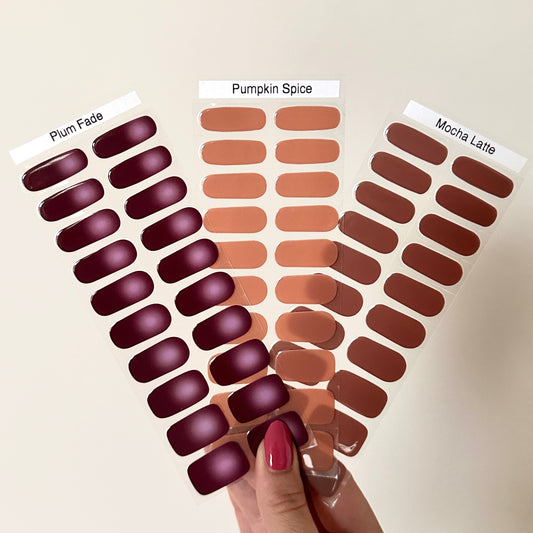 Herfst voordeel set, tijdelijk beschikbaar met perfecte herfst kleuren. Plum Fade; een donker paarse aura, Pumpkin Spice' een effen licht bruine kleur met oranje ondertoon, Mocha Latte; donker bruine effen kleur