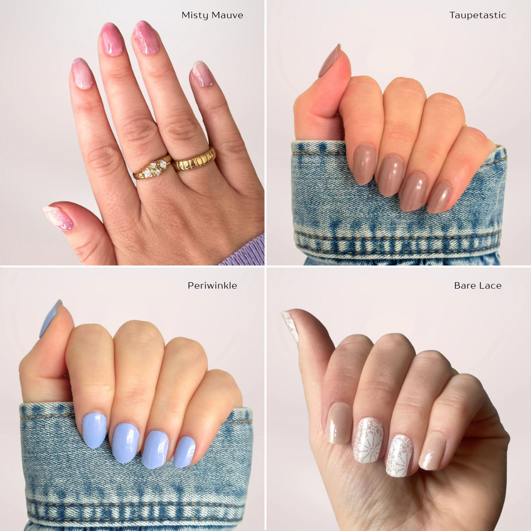 September maand bundel van 4 gellakstickers. Een paars blauwige met een subtiele shimmer, een sem transparante met soft paarse nail art, een nude design met op sommige nagels een lace effect en een taupe bruinige gellaksticker. 