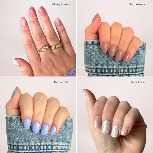 September maand bundel van 4 gellakstickers. Een paars blauwige met een subtiele shimmer, een sem transparante met soft paarse nail art, een nude design met op sommige nagels een lace effect en een taupe bruinige gellaksticker. 