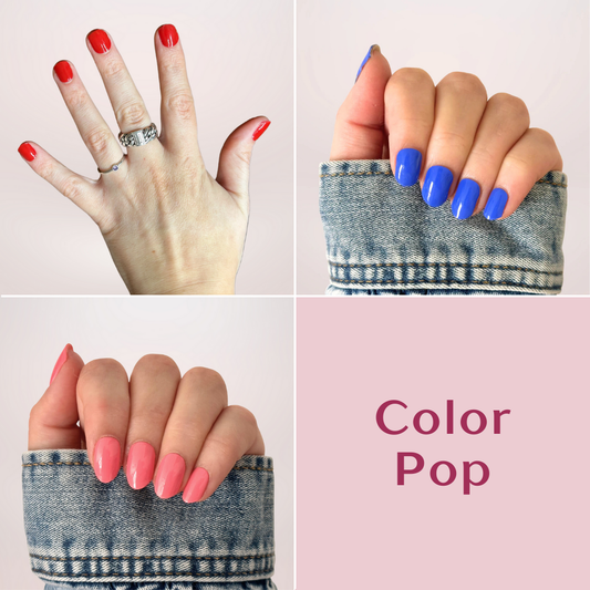 Een set met 3 gellakstickers met mooie verschillende effen kleuren: rood, kobalt blauw en zomers roze. 