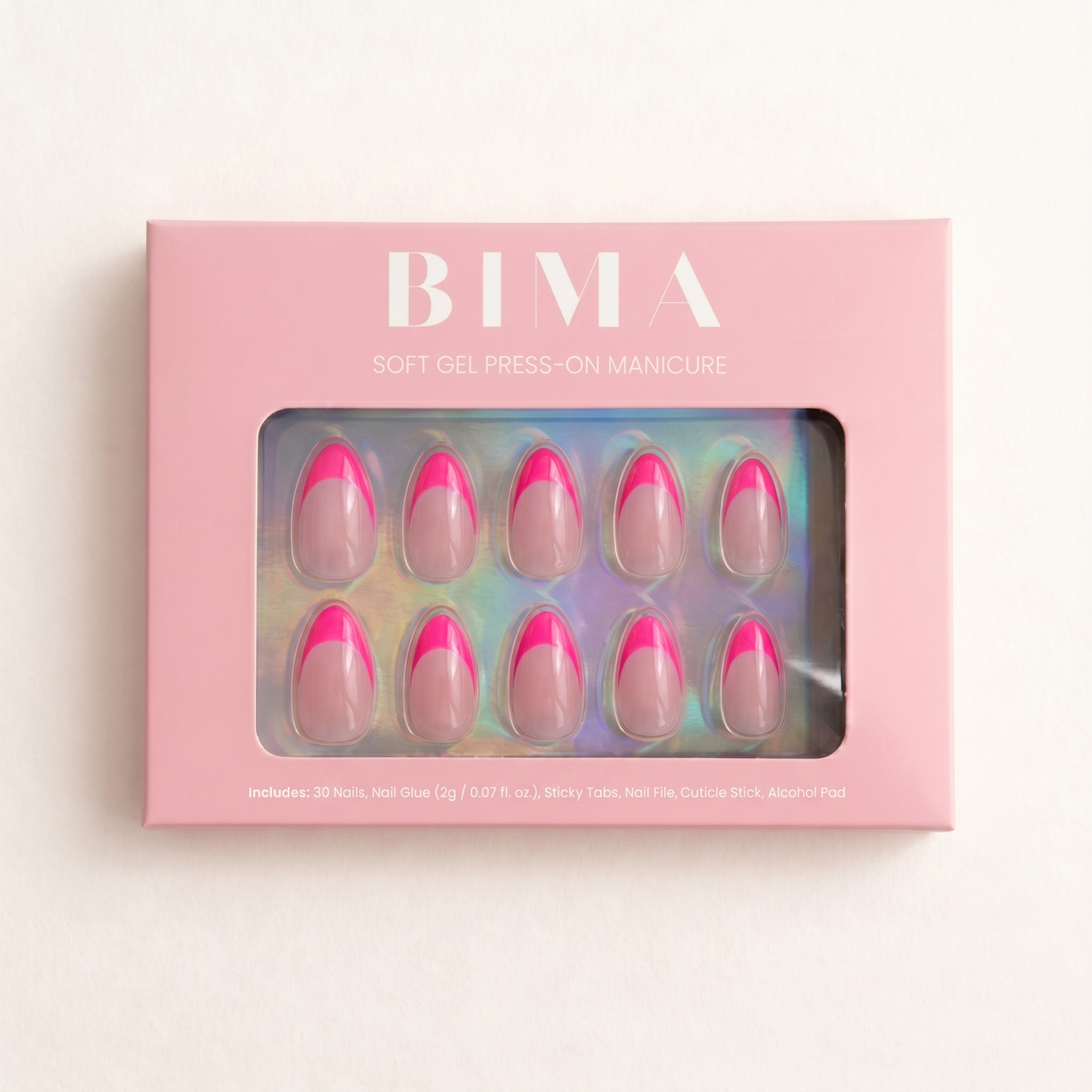 French manicure plaknagels met knal neon roze tips. De press-ons zie je in de verpakking, totaal 30 nagels