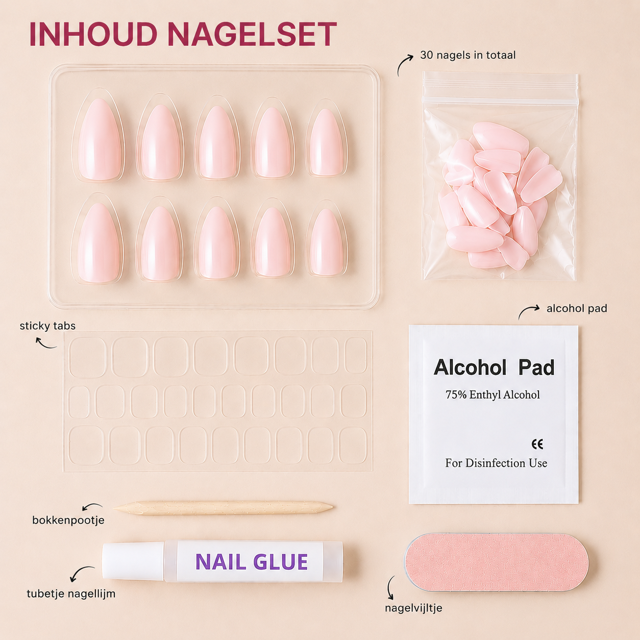 Inhoud nagelset van de press-ons: 30 nagels, alcohol doekje, sticky tabs, bokkenpootje, tubetje nagellijm, nagelvijltje